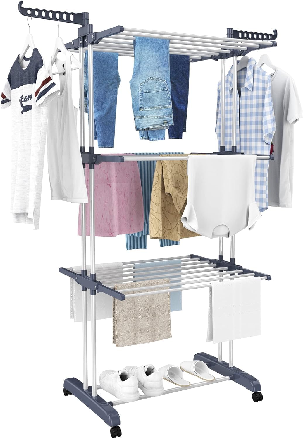 Airer Clothes Drying Rack,4-Tier Foldable Clothes Hanger Adjustable Large Stainless Steel Garment Laundry Racks for Indoor Outdoor